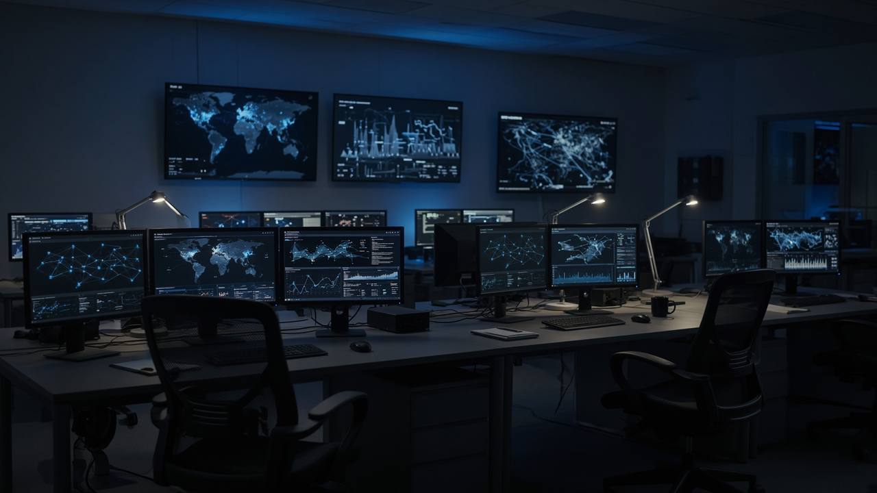 Cybersecurity operations room with a live threat wall